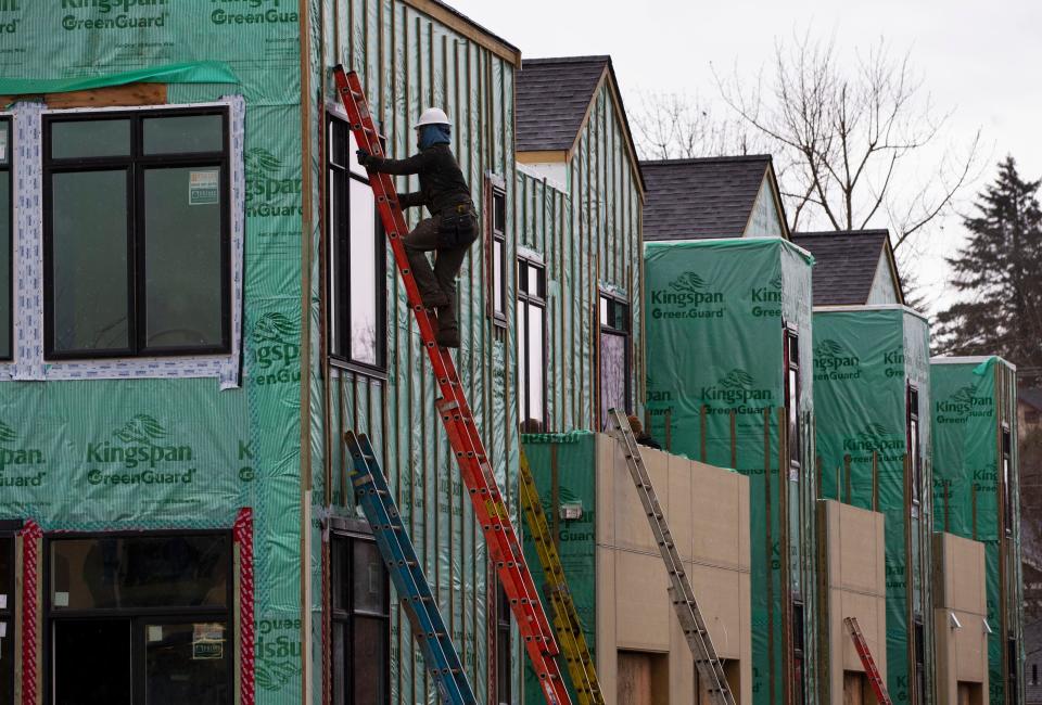This file photo shows construction on the FieldHouse townhomes in Eugene in 2023.
