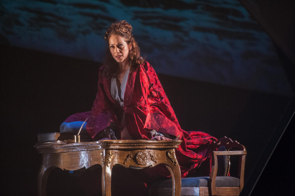 This July 18, 2012 photo released by the Lincoln Center Festival shows Elizabeth Futral performing a scene from the opera "Emilie," presented by Lincoln Center Festival 2012 at the Gerald W. Lynch Theater at John Jay College in New York. (AP Photo/Lincoln Center Theater, Stephanie Berger)