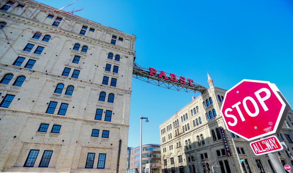The Malt House apartments (left) are now open at downtown Milwaukee's former Pabst Brewing complex.