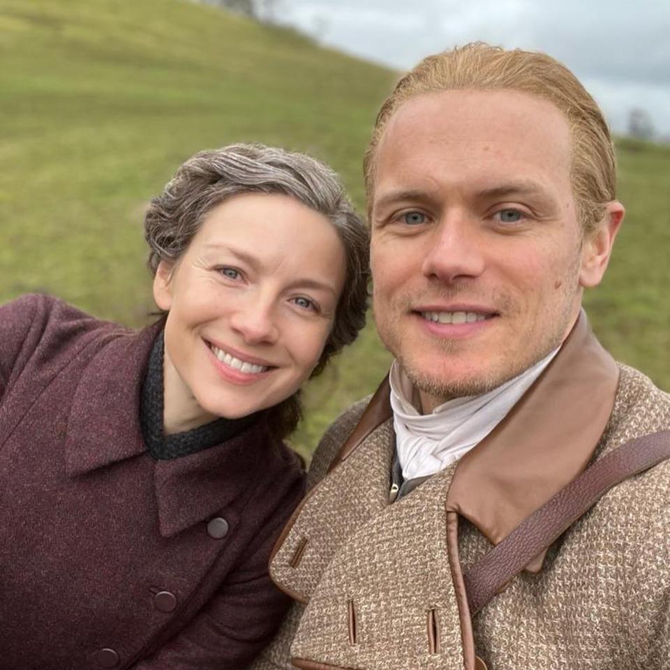 Catriona Balfe and Sam Heugan on set of Outlander season 7