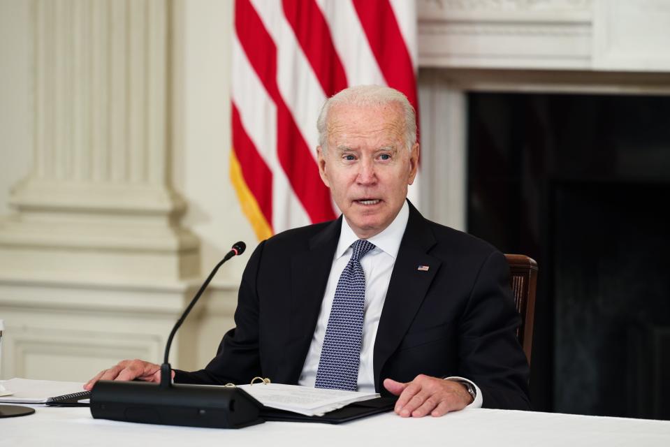 President Joe Biden speaks before a meeting with Cuban-American leaders and activists in the State Dining Room of the White House on July 30, 2021.