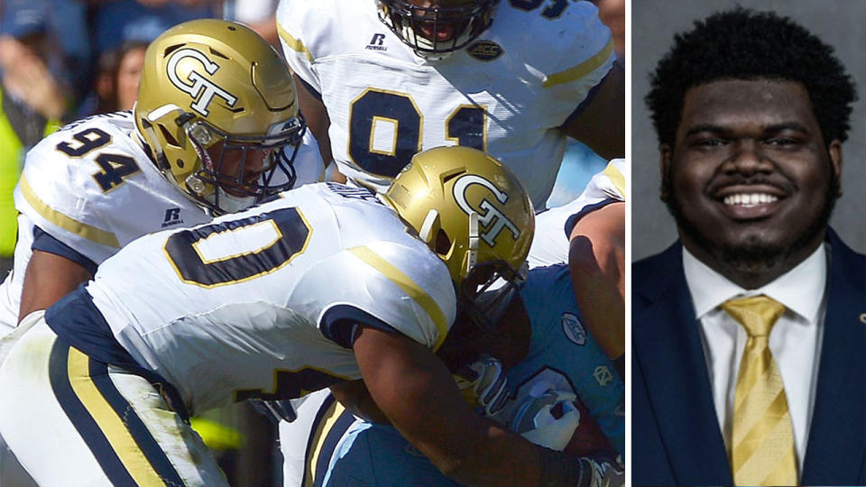 Anree Saint-Amour #94, Brandon Adams #90, Patrick Gamble #91 and Rod Rook-Chungong #41 of the Georgia Tech Yellow Jackets, 2016. (Getty Images/@GTAAthletics)