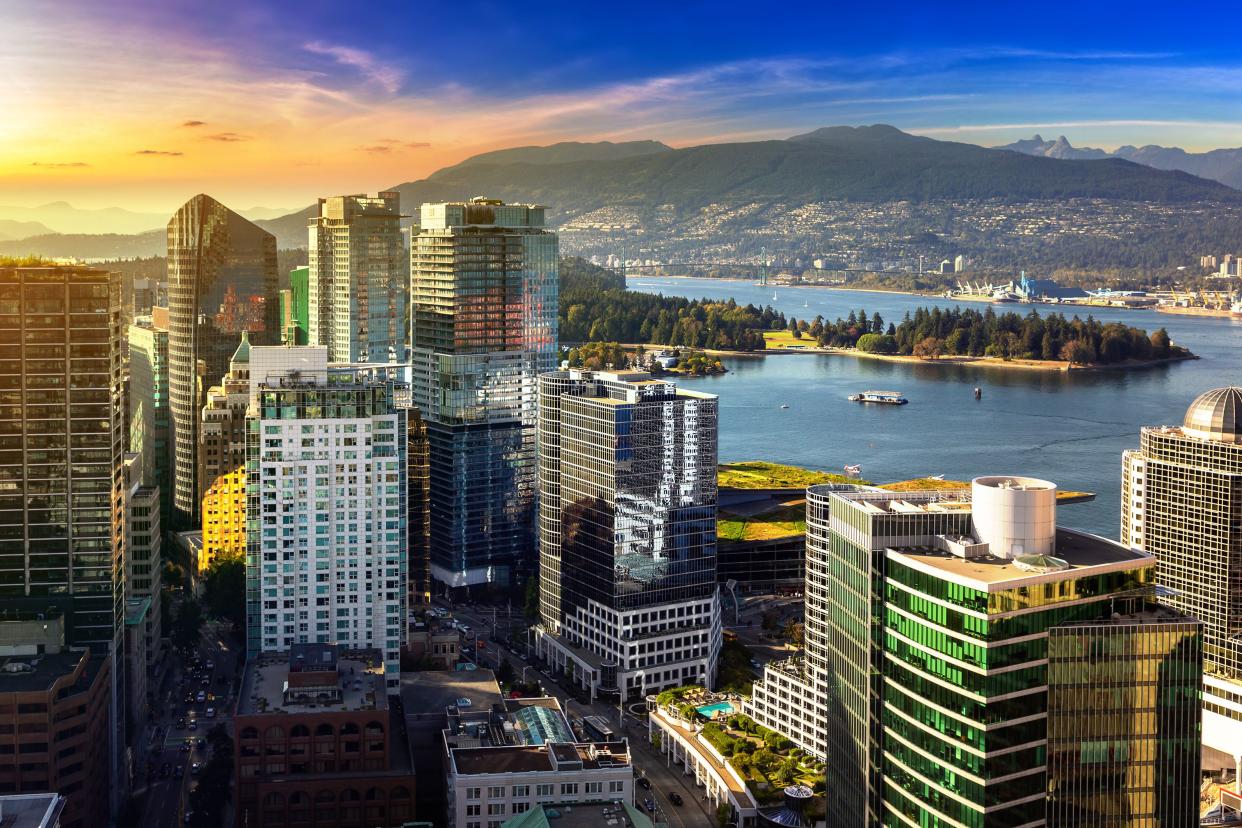 Panoramic aerial view of  Vancouver business district at sunset, Canada