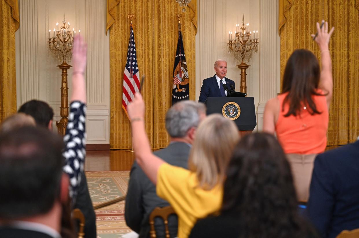 President Joe Biden takes questions from the press as he delivers remarks on the terror attack at Hamid Karzai International Airport, and the U.S. service members and Afghan victims killed and wounded, in the East Room of the White House, Washington, DC on Aug. 26, 2021.