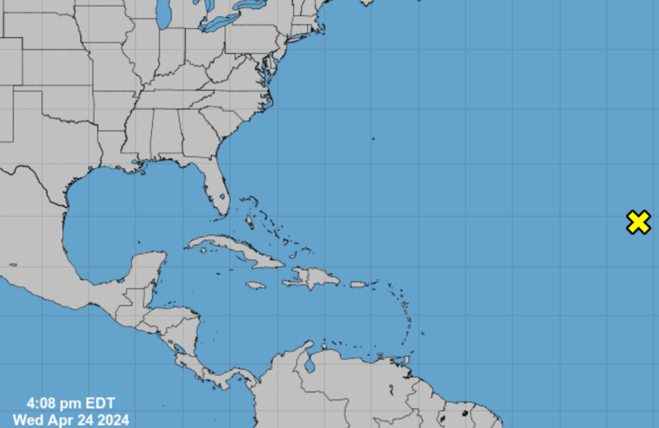 About 4 p.m. Wednesday, April 24, 2024, the National Hurricane Center in Miami reported a "disturbance" about 900 miles northwest of the Cabo Verde Islands that produced showers and thunderstorms. Atlantic hurricane season officially starts June 1 and runs through Nov. 30.