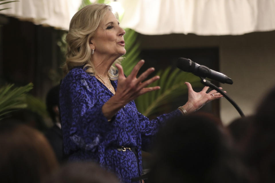 First Lady of the United States Jill Biden speaks as she meets Kenyan women leaders at the U.S. ambassador's residence in Nairobi, Kenya, Friday, Feb. 24, 2023. (AP Photo/Brian Inganga)