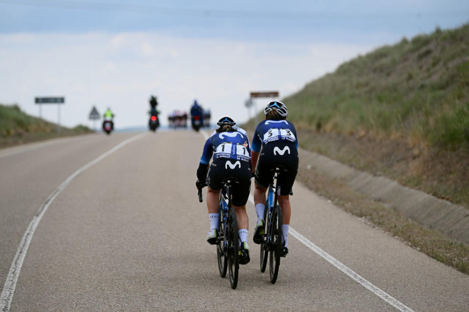 LERMA SPAIN  MAY 19 LR Sara Martn of Spain and Aude Biannic of France and Movistar Team compete in the chase group during the 8th Vuelta a Burgos Feminas 2023 Stage 2 a 1189km stage from Sotresgudo to Lerma  UCIWWT  on May 19 2023 in Lerma Spain Photo by Dario BelingheriGetty Images