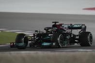 Mercedes driver Lewis Hamilton of Britain in action during the Qatar Formula One Grand Prix. In Lusail, Qatar, Sunday, Nov. 21, 2021. (AP Photo/Darko Bandic)