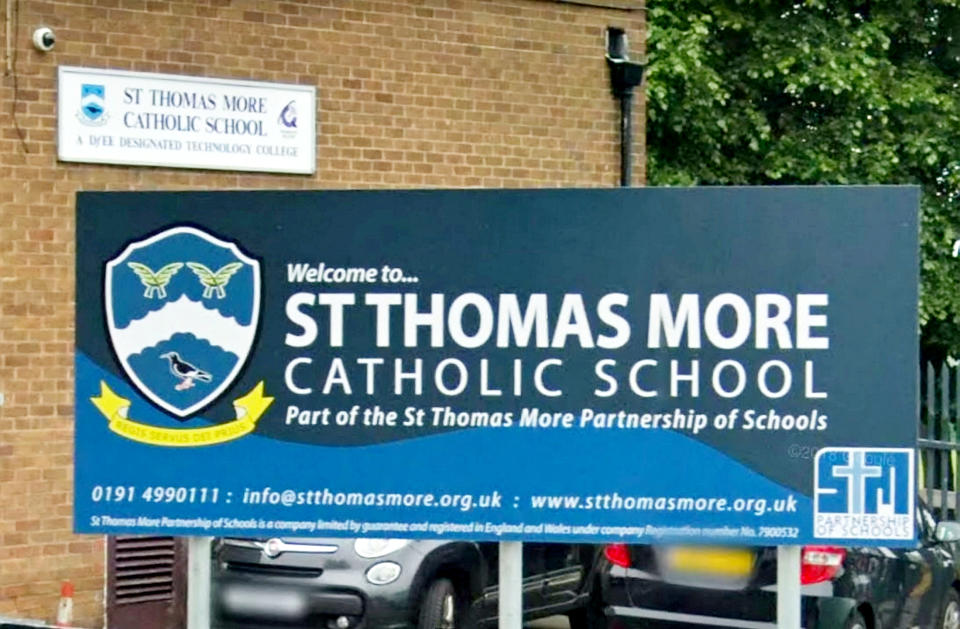 Google street view of St Thomas More Catholic School in Blaydon.  Police were called to a Gateshead school after it was targeted by a group of anti-vaxxers protesting against children receiving the coronavirus jab.  See SWNS story SWMDschool.  A small group of demonstrators gathered outside St Thomas More Catholic School in Blaydon on Monday morning as the school hosted Covid-19 and flu vaccinations for pupils.  It is reported that campaigners with megaphones and leaflets approached students as they walked into school with some of them left feeling 