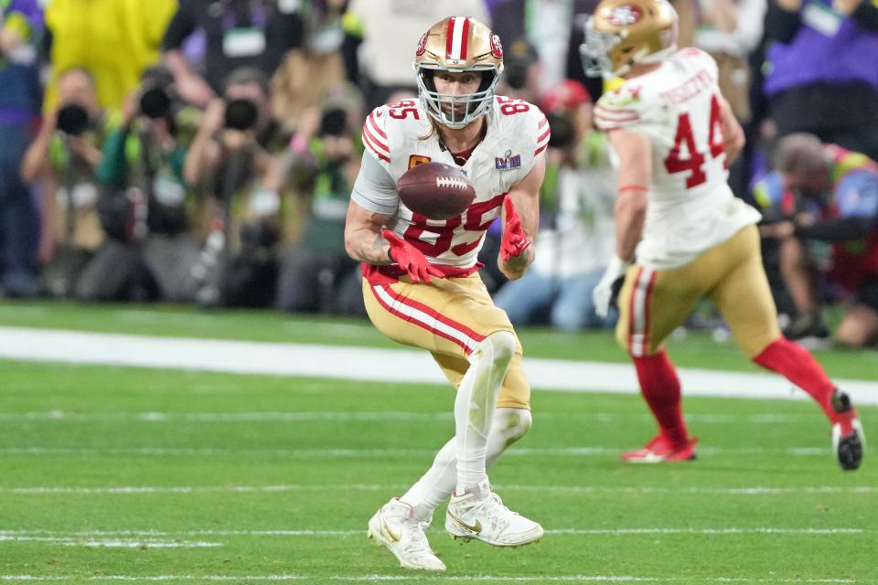 Feb 11, 2024; Paradise, Nevada, USA; San Francisco 49ers tight end George Kittle (85) makes a catch against the Kansas City Chiefs during the fourth quarter of Super Bowl LVIII at Allegiant Stadium. Mandatory Credit: Kyle Terada-USA TODAY Sports ORG XMIT: IMAGN-734691 ORIG FILE ID: 20240211_jcd_st3_0280.JPG