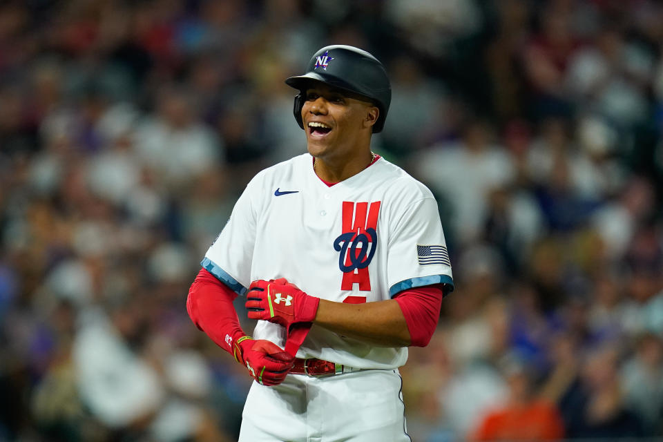 DENVER, COLORADO - JULY 13: National League All-Star Juan Soto #22 of the Washington Nationals reacts during the 91st MLB All-Star Game presented by Mastercard at Coors Field on July 13, 2021 in Denver, Colorado. The American League team won 5-2. (Photo by Matt Dirksen/Colorado Rockies/Getty Images)