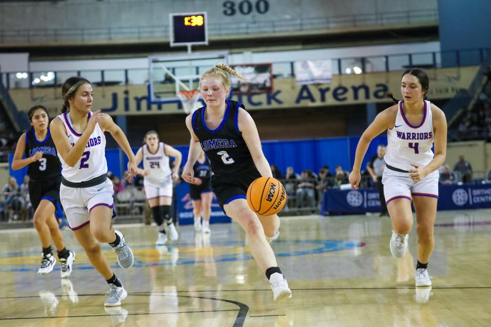 Lomega’s Abby Swart (2) works up court during the Class B girls championship game between the Hammon Lady Warriors and the Lomega Lady Raiders at the Jim Norick Arena in Oklahoma City on Saturday, March 4, 2023. 