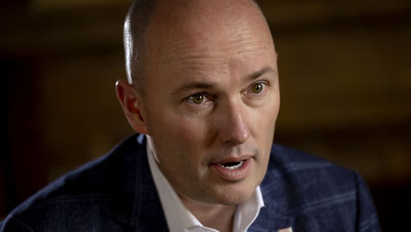 Gov. Spencer Cox is interviewed on the last day of the 2023 legislative session at the Capitol in Salt Lake City on Friday, March 3, 2023. Cox has called  President Joe Biden’s recent veto of a bill targeting environmental, social and governance factors in investments “deeply disappointing.” 