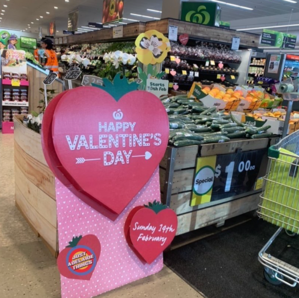 Image of Woolworths Valentines Day display advertising cucumbers as gift