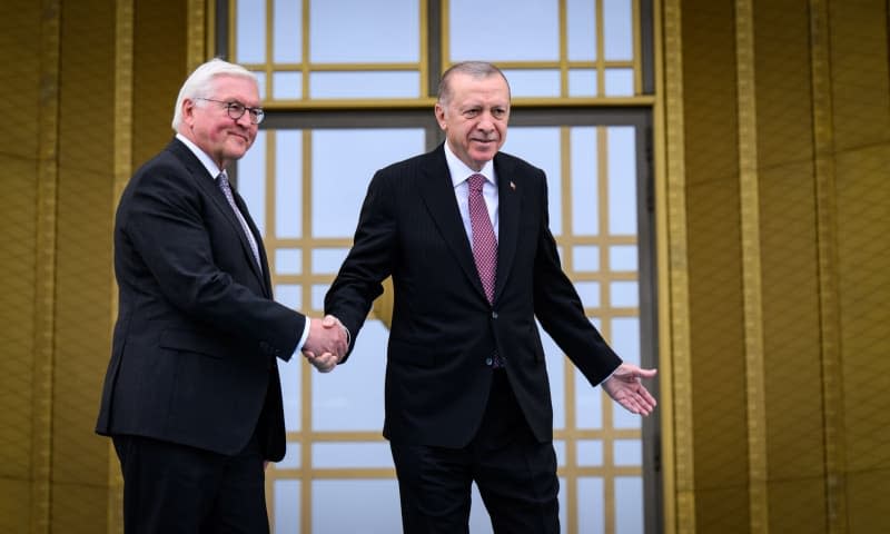 German President Frank-Walter Steinmeier (L) is greeted with military honors by Recep Tayyip Erdogan, President of Turkey, at the Presidential Palace. Steinmeier is on a three-day official visit to Turkey. The occasion of the trip is the 100th anniversary of the establishment of diplomatic relations between Germany and Turkey. Bernd von Jutrczenka/dpa