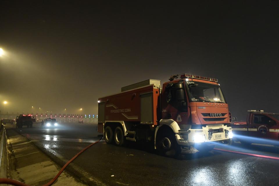 A fire truck operates during a wildfire in Afidnes area, northern Athens, Greece, Thursday, Aug. 5, 2021.Wildfires rekindled outside Athens and forced more evacuations around southern Greece Thursday as weather conditions worsened and firefighters in a round-the-clock battle stopped the flames just outside the birthplace of the ancient Olympics. (AP Photo/Michael Varaklas)