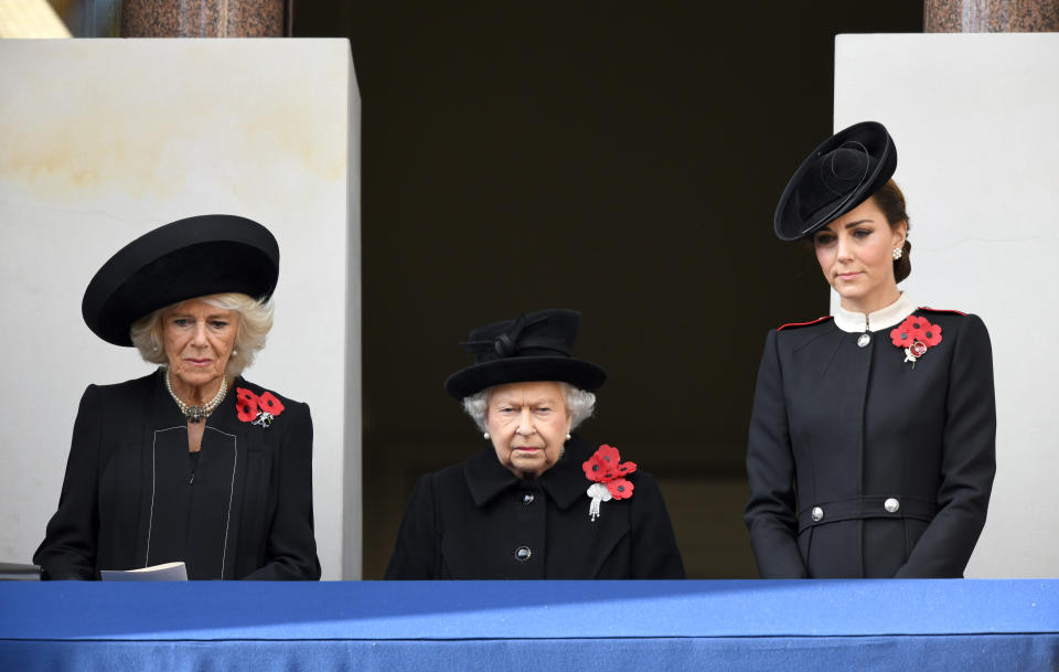 Kate Middleton had pride of place on the balcony of the Foreign and Commonwealth Office building to watch the service take place, standing alongside Her Majesty and her mother-in-law, the Duchess of Cornwall. Photo: Getty Images