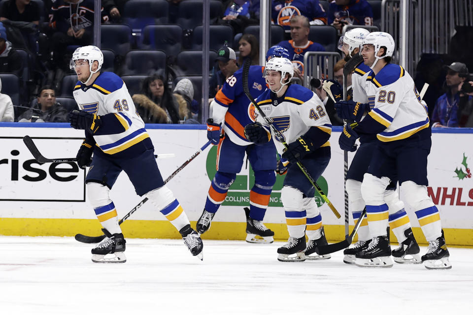 St. Louis Blues center Ivan Barbashev (49) reacts after scoring a goal against the New York Islanders during the second period of an NHL hockey game Tuesday, Dec. 6, 2022, in Elmont, N.Y. (AP Photo/Adam Hunger)