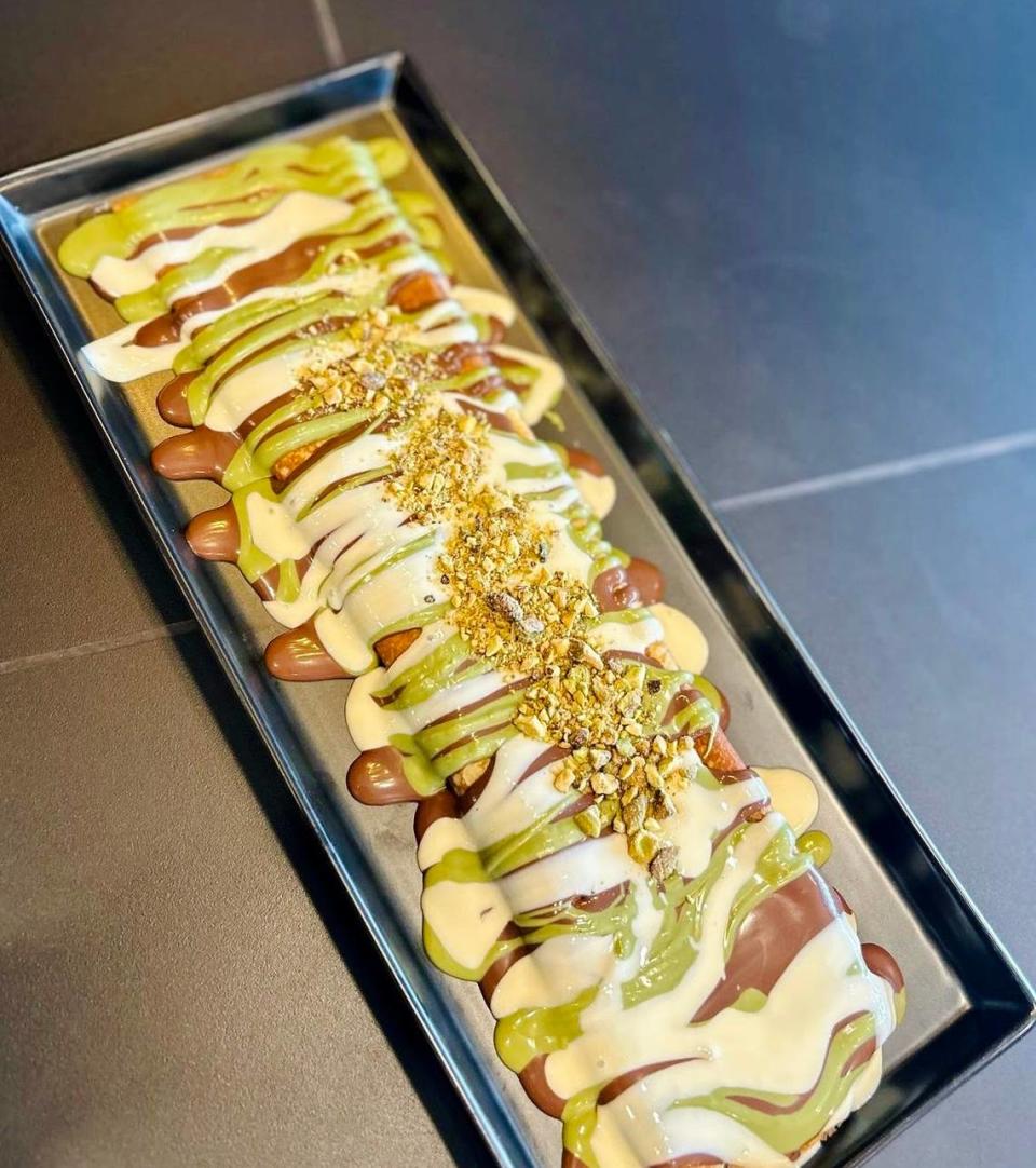 Dip N Crepe’s Pistachio Crepe has Belgian, pistachio and white chocolate with crushed pistachio nuts, $13.99.