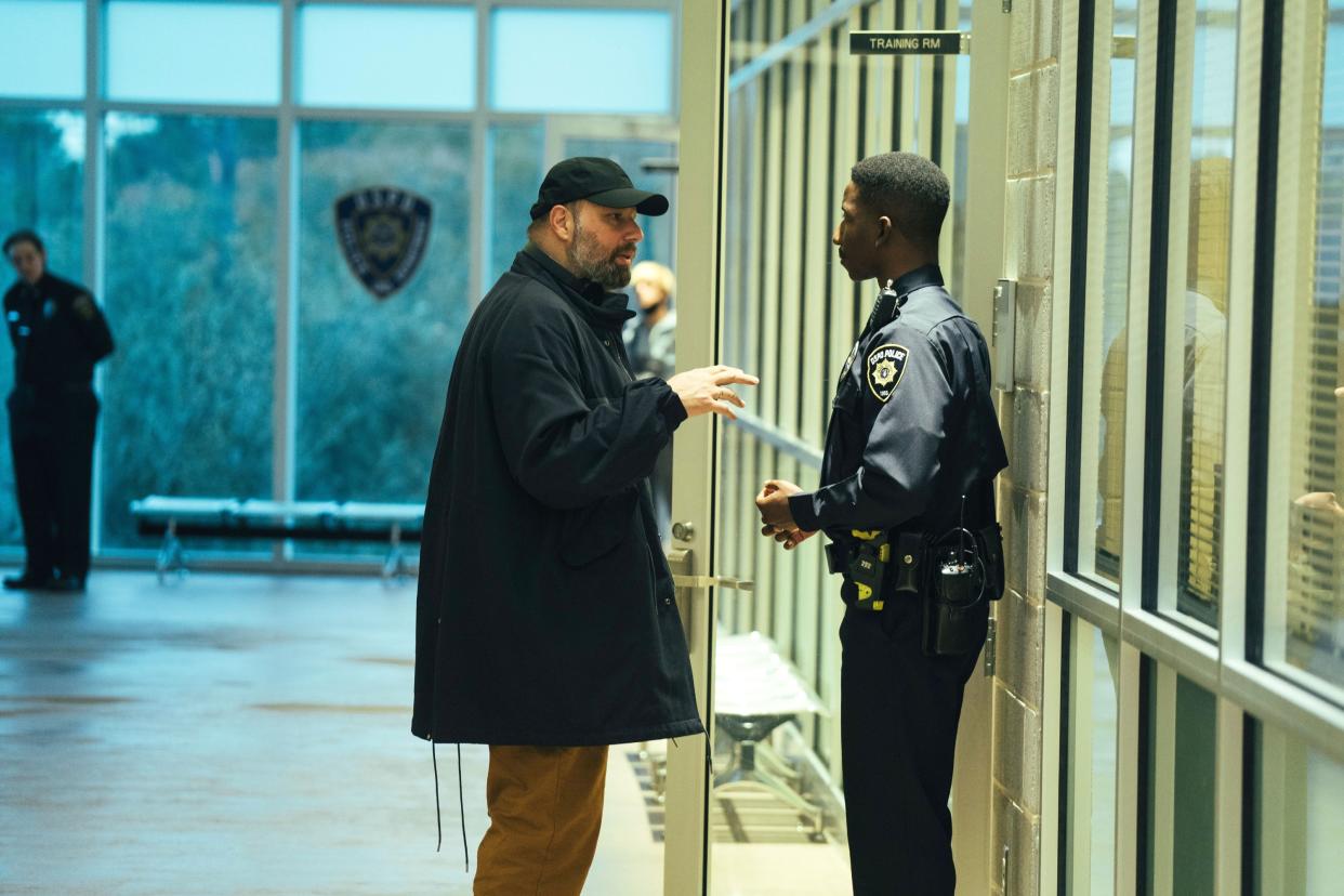 The director Yorgos Lanthimos with the actor Mamoudou Athie in costume.