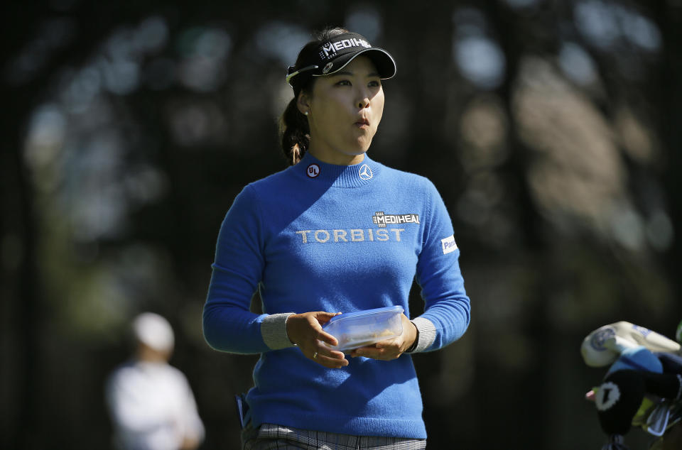 So Yeon Ryu, of South Korea, walks down the 18th fairway of the Lake Merced Golf Club during the first round of the LPGA Mediheal Championship golf tournament Thursday, May 2, 2019, in Daly City, Calif. (AP Photo/Eric Risberg)