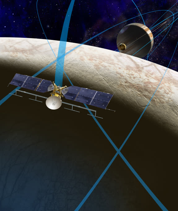 Artist's concept of the Europa Clipper mission concept, which would send a probe to do multiple flybys of the ocean-harboring Jupiter moon.