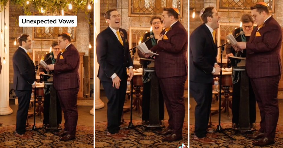 Three still shots of a wedding scene with a female celebrant in the background, as groom Marco Braun in purple checked suit reads his vows to his laughing fellow groom Danny, who wears a navy suit and gold tie. icago