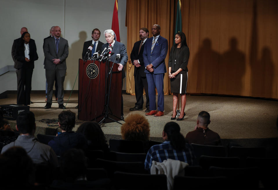 Shelby County District Attorney Steve Mulroy speaks during a press conference on Thursday, Jan. 26, 2023, after five fired Memphis Police Officers were charged in the murder of Black motorist Tyre Nichols. (Mark Weber/Daily Memphian via AP)