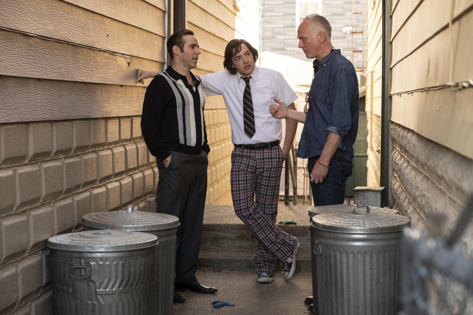 Alessandro Nivola, Michael Gandolfini and director Alan Taylor on the set of New Line Cinema and Home Box Office’s mob drama “The Many Saints of Newark,” a Warner Bros. Pictures release. (Barry Wetcher/Warner Bros. Entertainment Inc.)