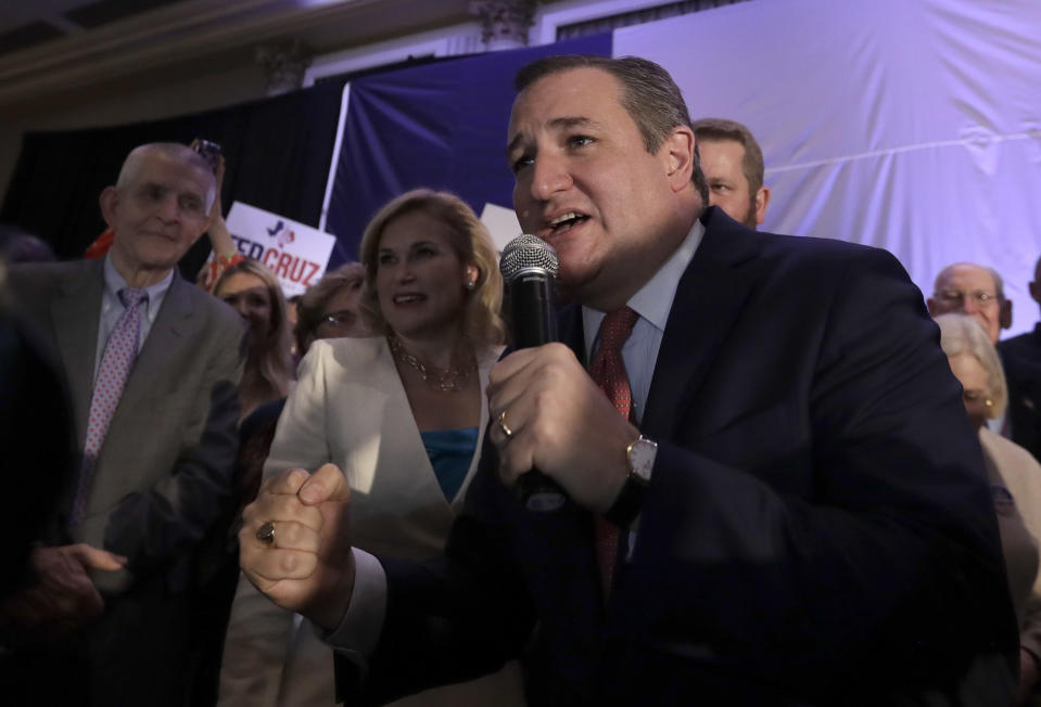 Sen. Ted Cruz, R-Texas, delivers his victory speech during an election night party, Tuesday, Nov. 6, 2018, in Houston. (AP Photo/David J. Phillip)