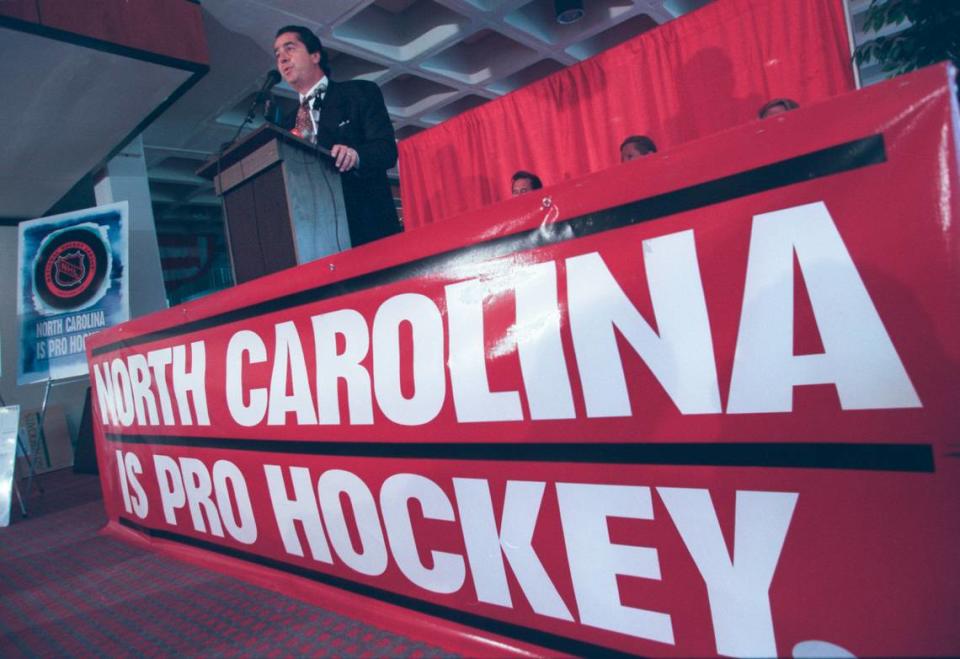 Businessman Felix Sabates, was a leader in the 1996 drive to bring pro hockey to the Triangle. He is shown here speaking at a news conference in Carter-Finley Stadium, He admitted the NHL quest got off to a late start. “We’re a little behind the eight ball.”