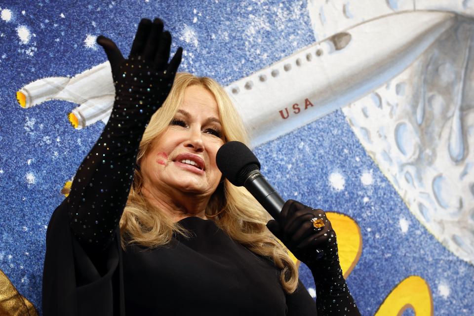 Jennifer Coolidge takes part in a roast honoring her as Harvard's Hasty Pudding Theatricals Woman of the Year, Saturday, Feb. 4, 2023, in Cambridge, Mass. (AP Photo/Michael Dwyer)