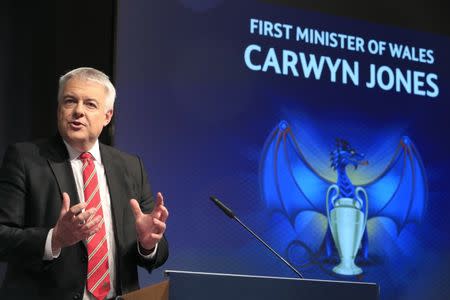 Football Soccer - UEFA Champions League Semi-Final Draw - Nyon, Switzerland - 21/4/17 First Minister of Wales Carwyn Jones speaks before the UEFA Champions League draw of the semi-finals Reuters / Pierre Albouy Livepic