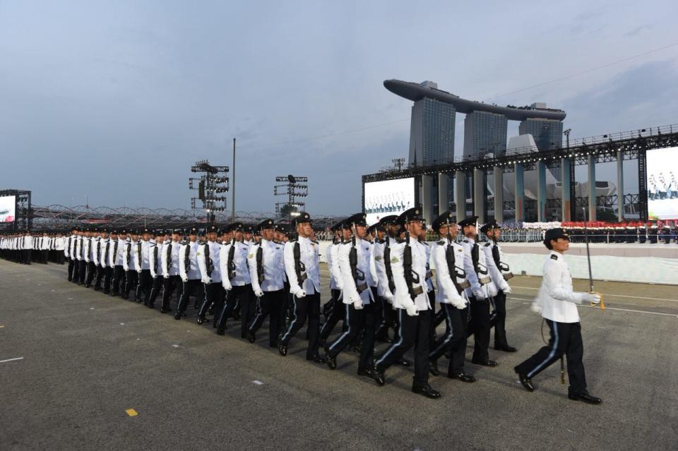 A military contingent from the Singapore Armed Forces at the National Day Parade celebrations at The Float at Marina Bay on 9 August 2018. 