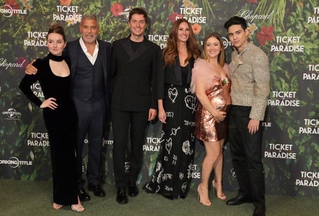 Kaitlyn Dever, George Clooney, Lucas Bravo, Julia Roberts, Billie Lourd and Maxime Bouttier attend the World Premiere of "Ticket To Paradise" at Odeon Luxe Leicester Square on September 7, 2022 in London, England