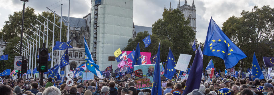  Crowd of protesters with flags during the historic Brexit day in London. Anti-Brexit activists campaign for a second Brexit referendum as the UK's October 31 departure date from the EU draws closer. (Photo by Rahman Hassani / SOPA Images/Sipa USA) 