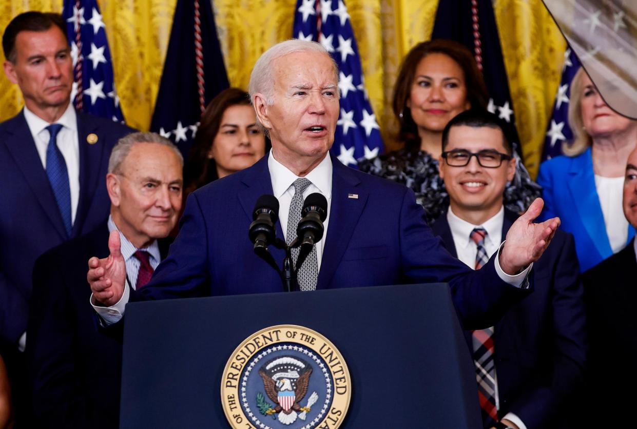 <span>Joe Biden announcing the ‘parole in place’ program on 18 June 2024 in Washington DC. </span><span>Photograph: Kevin Dietsch/Getty Images</span>