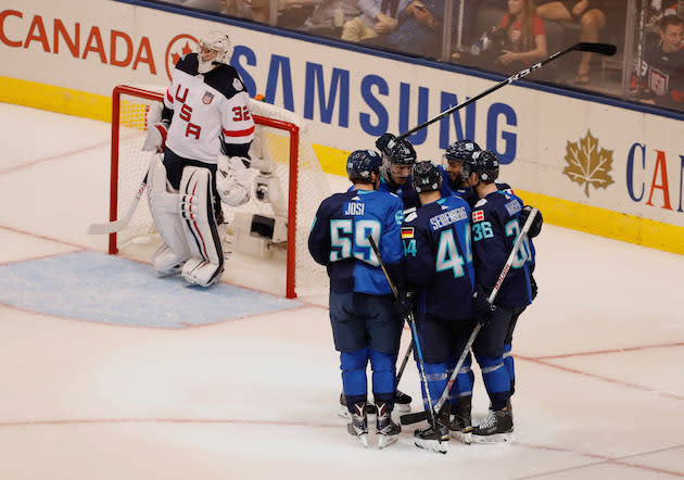 TORONTO, ON - SEPTEMBER 17: Team Europe celebrates a second period goal next to Jonathan Quick #32 of Team USA at the World Cup of Hockey on September 17, 2016 in Toronto, Canada. Team Europe won the game 3-0. (Photo by Gregory Shamus/Getty Images)