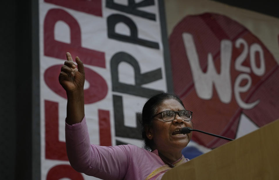 Dayamani Barla, an activist from Adivasi-Moolvasi Astitva Raksha Manch speaks during a 'People's Summit on G20