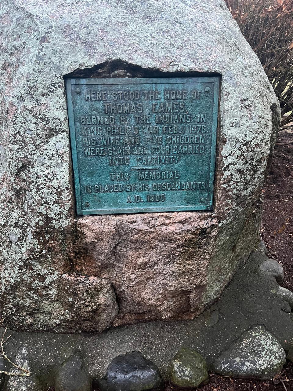 A sign at Mount Wayte partially describes the incident on Feb. 1 1676, involving 11 Nipmuc men and members of the Eames Family.