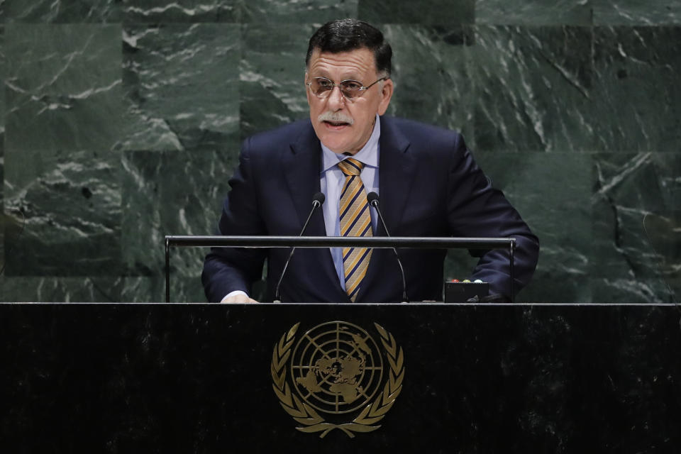 Libya's Prime Minister Fayez al-Sarraj addresses the 74th session of the United Nations General Assembly, Wednesday, Sept. 25, 2019, at the United Nations headquarters. (AP Photo/Frank Franklin II)