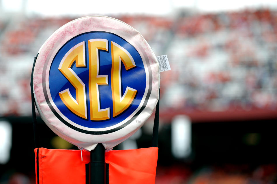 COLUMBIA, SC - NOVEMBER 30: The SEC logo sits onto the down marker during the game between the Clemson Tigers and the South Carolina Gamecocks on November 30, 2019 at Williams-Brice Stadium in Columbia, South Carolina. (Photo by Dannie Walls/Icon Sportswire via Getty Images)