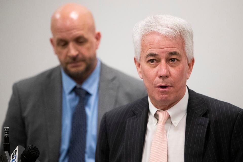 Shelby County District Attorney Steve Mulroy speaks to the press during a press conference at the Shelby County District Attorney’s Office in Memphis, Tenn., on Tuesday, January 23, 2024.