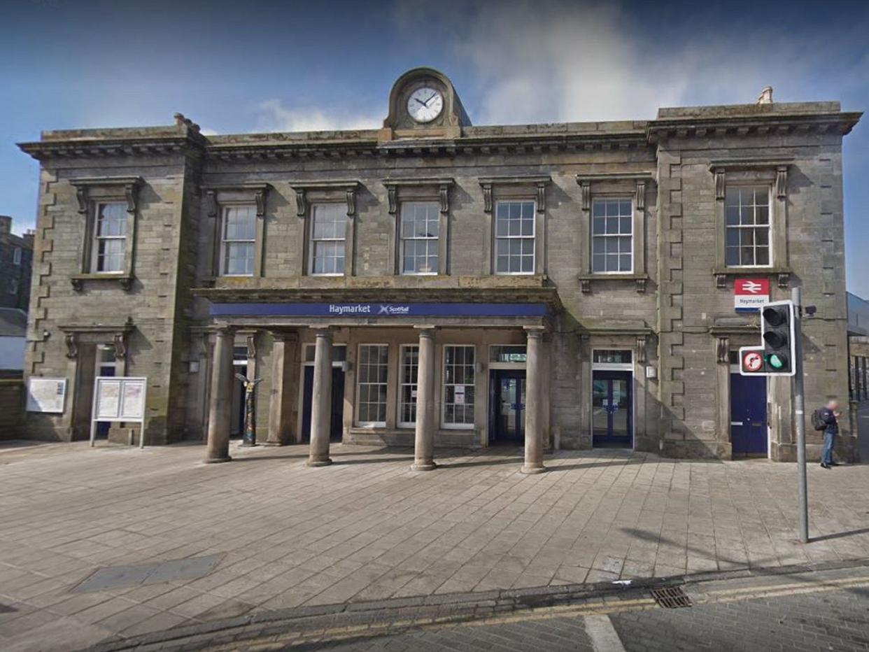 Google street view image of Haymarket railway station, in Edinburgh, Scotland: Google