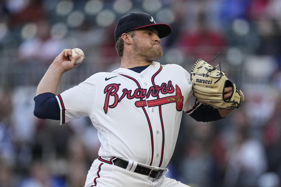Atlanta Braves starting pitcher Bryce Elder works in the first inning of a baseball game against the Cincinnati Reds, Monday, April 10, 2023, in Atlanta. (AP Photo/John Bazemore)