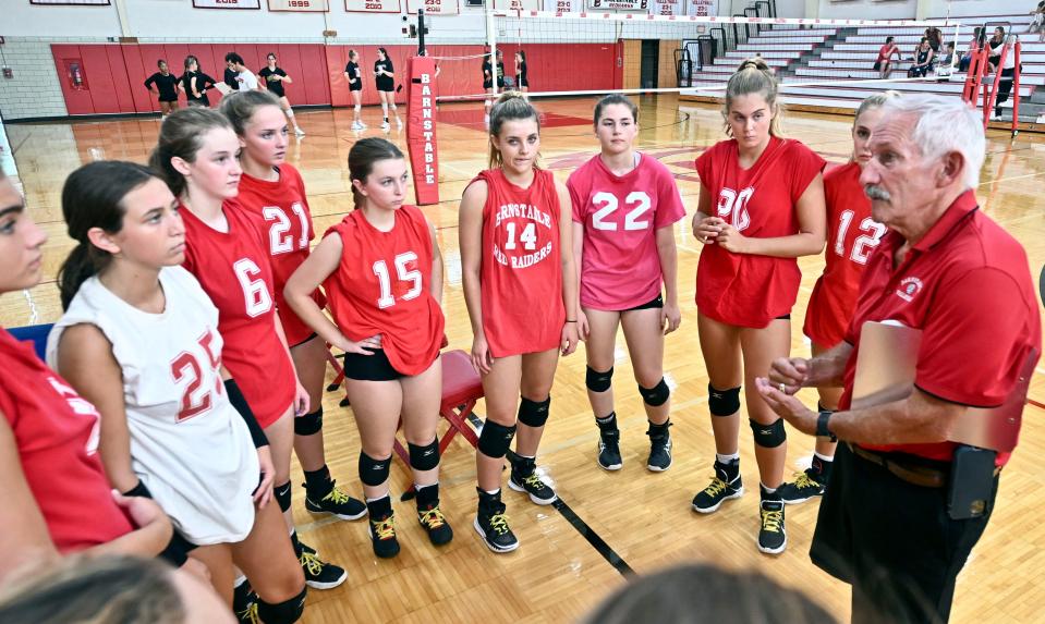 Barnstable coach Tom Turco offers inspiration for his team Wednesday  before a scrimmage with Old Rochester.