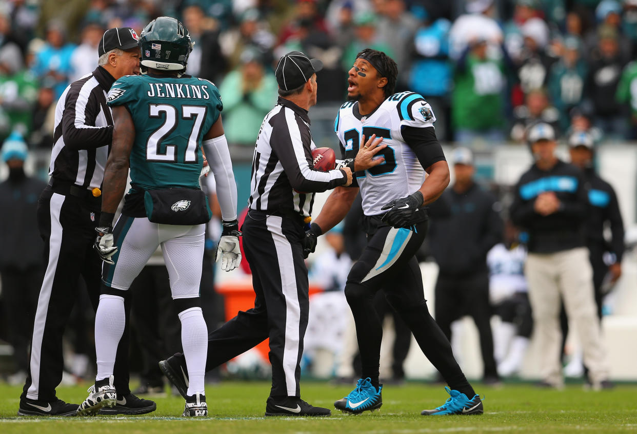 Carolina’s Eric Reid had some words for Philadelphia’s Malcolm Jenkins before Sunday’s game. (Getty Images)