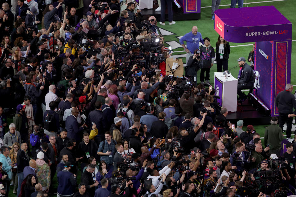 Travis Kelce was a popular man at Super Bowl Opening Night. (Photo by Ethan Miller/Getty Images)
