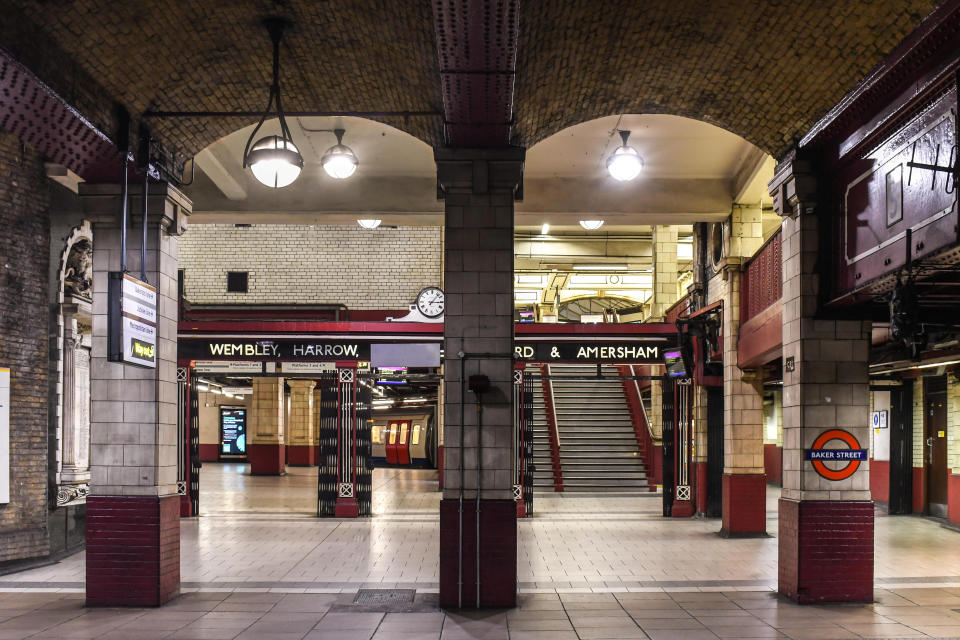 Stairs at Baker Street Underground station.
