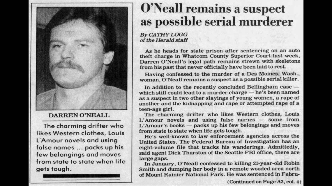 A clipping of a Bellingham Herald story from April 24, 1989, discusses Darren Dee O’Neall remaining a suspect in several deaths, including the 1987 disappearance of Wendy Aughe in Bellingham.